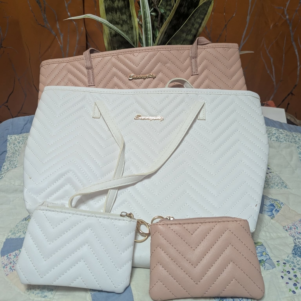 Quilted White and Pink Tote Bag Bundle